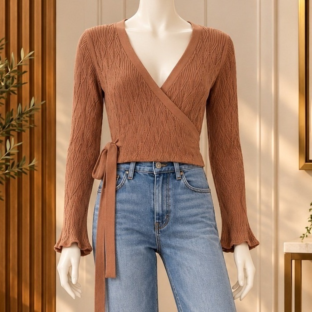 ASOS Womens Cardigan Pointelle Knit Tie Front Wrap Mauve Brown Size 8